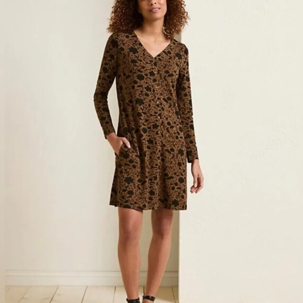 Garnet Hill Phoebe Brown Black Floral Button Front Knit Dress